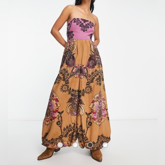 Free People Pants - NWT Free People bow back paisley print bandeau jumpsuit in gold and pink Boho M